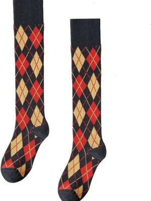 Womens Girls Knee High Socks Green Black Navy Blue Khaki Coffee Vintage Argyle Novelty Socks