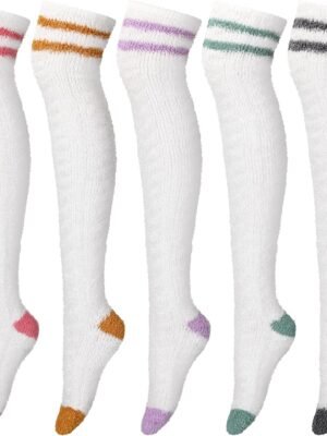 5 Pairs Women Thigh High Fuzzy Sock over Knee Long Stocking Christmas Coral Gift Warm Soft Winter