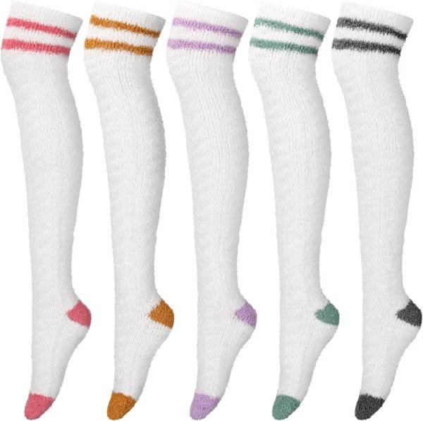 5 Pairs Women Thigh High Fuzzy Sock over Knee Long Stocking Christmas Coral Gift Warm Soft Winter