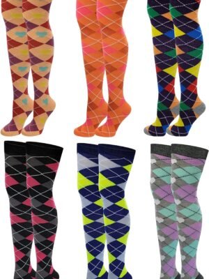 6 Pairs Pack Women Multi Neon Color Fancy Design Thigh High Over the Knee Socks Stockings
