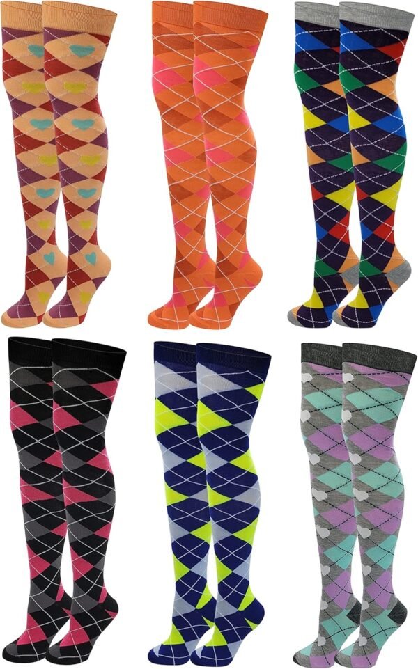 6 Pairs Pack Women Multi Neon Color Fancy Design Thigh High Over the Knee Socks Stockings