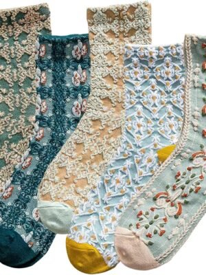 5 Pairs Womens Floral Cotton Socks Vintage Patterned Crew Socks Novelty Ankle Ruffled Warm Casual Dress Socks